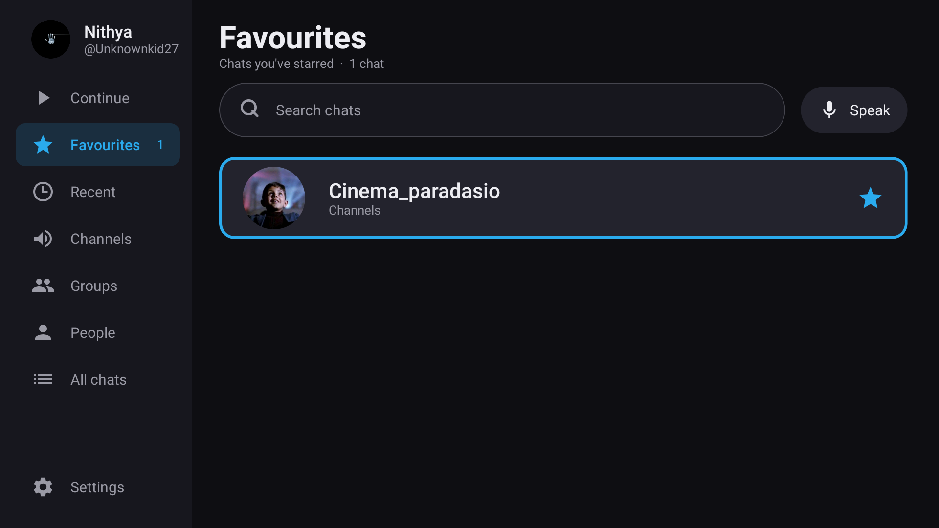 The TMPlayer chat list, showing a sidebar with Continue, Favourites, Recent, Channels, Groups, People and All chats, next to a starred channel called Cinema_paradasio.