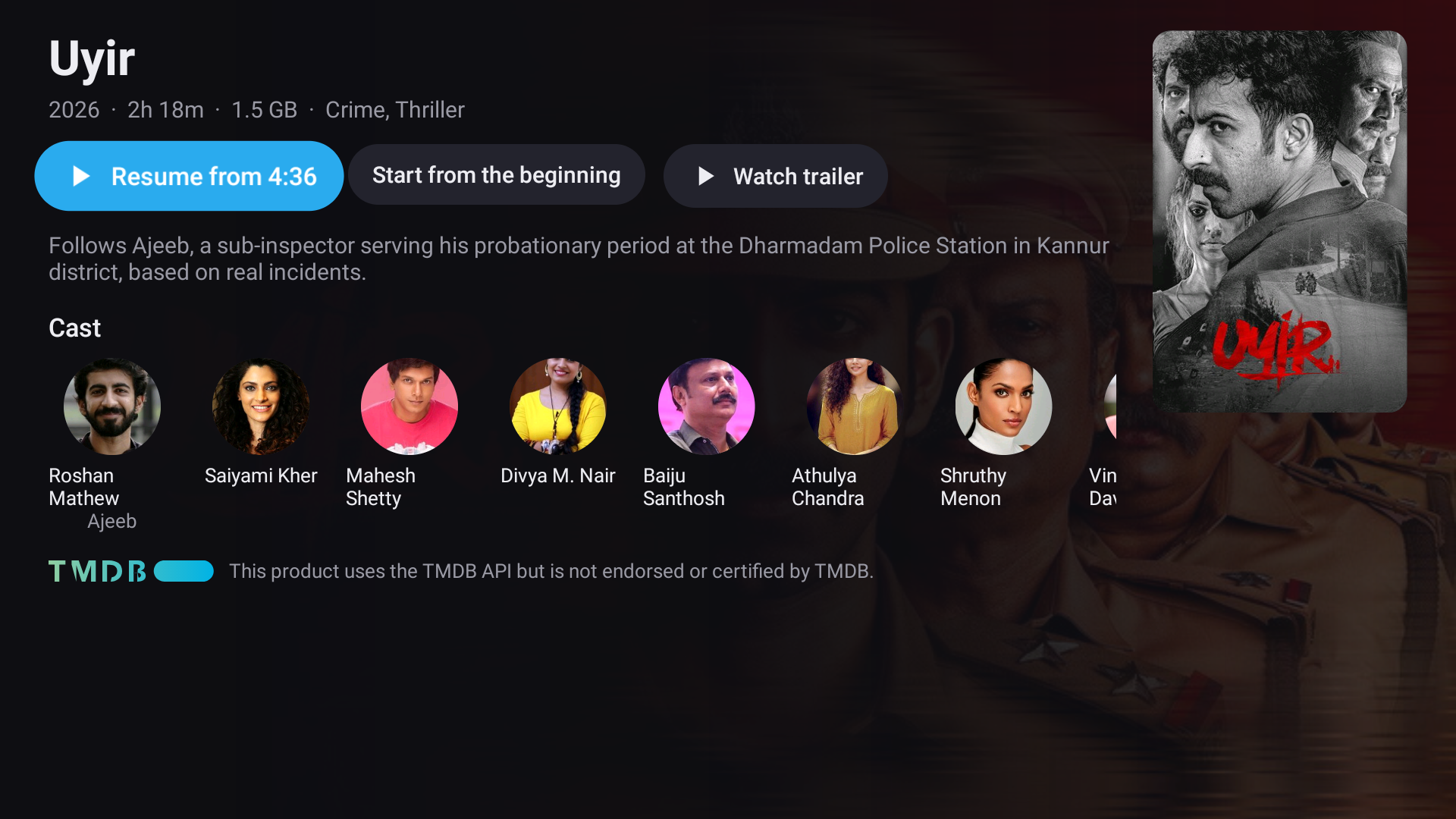A film details screen for Uyir, showing runtime, genres, a synopsis, a cast row and buttons to resume, start from the beginning or watch the trailer.