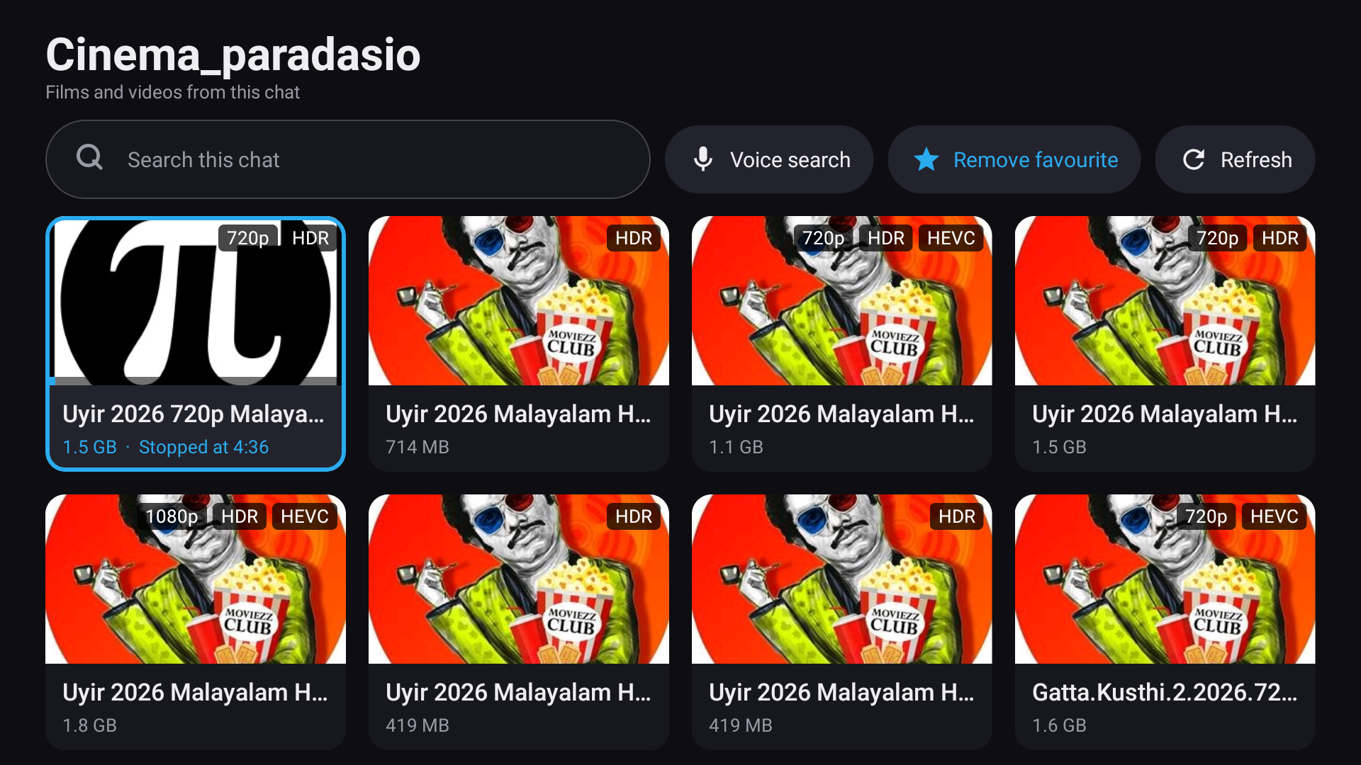 A grid of film posters from a Telegram channel, each tile labelled with a file name, size and quality tags such as 720p, HDR and HEVC.