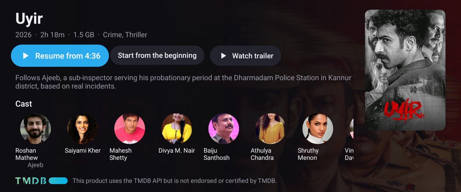 The TMPlayer details screen for a film called Uyir, showing its poster, runtime, genres, a synopsis, a row of cast portraits, and buttons to resume from 4 minutes 36 seconds, start from the beginning, or watch the trailer.