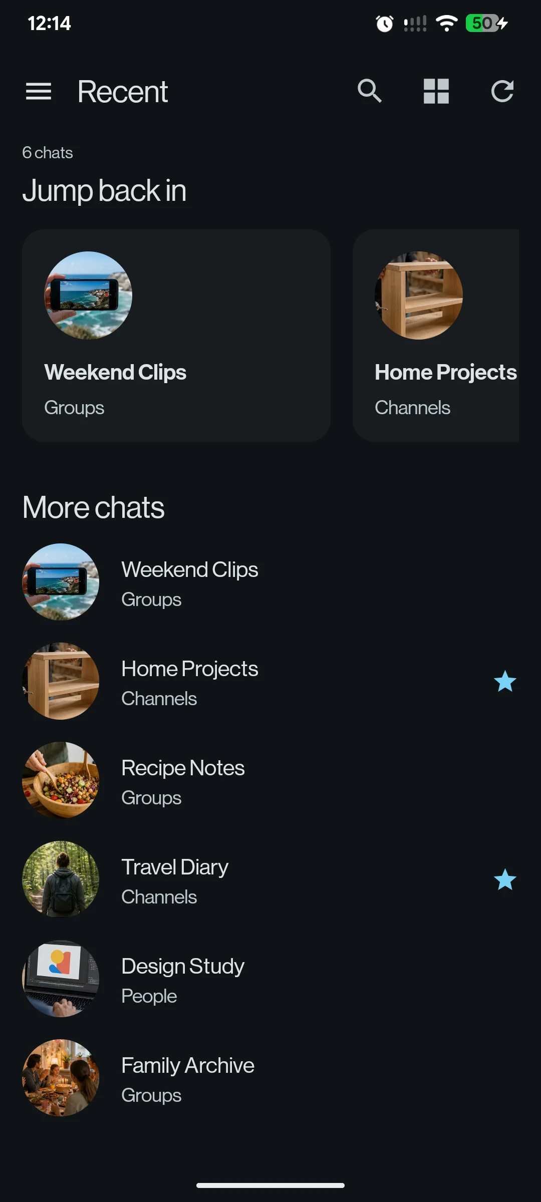 TMPlayer on a phone, listing demo chats: Weekend Clips, Home Projects, Recipe Notes, Travel Diary, Design Study and Family Archive.