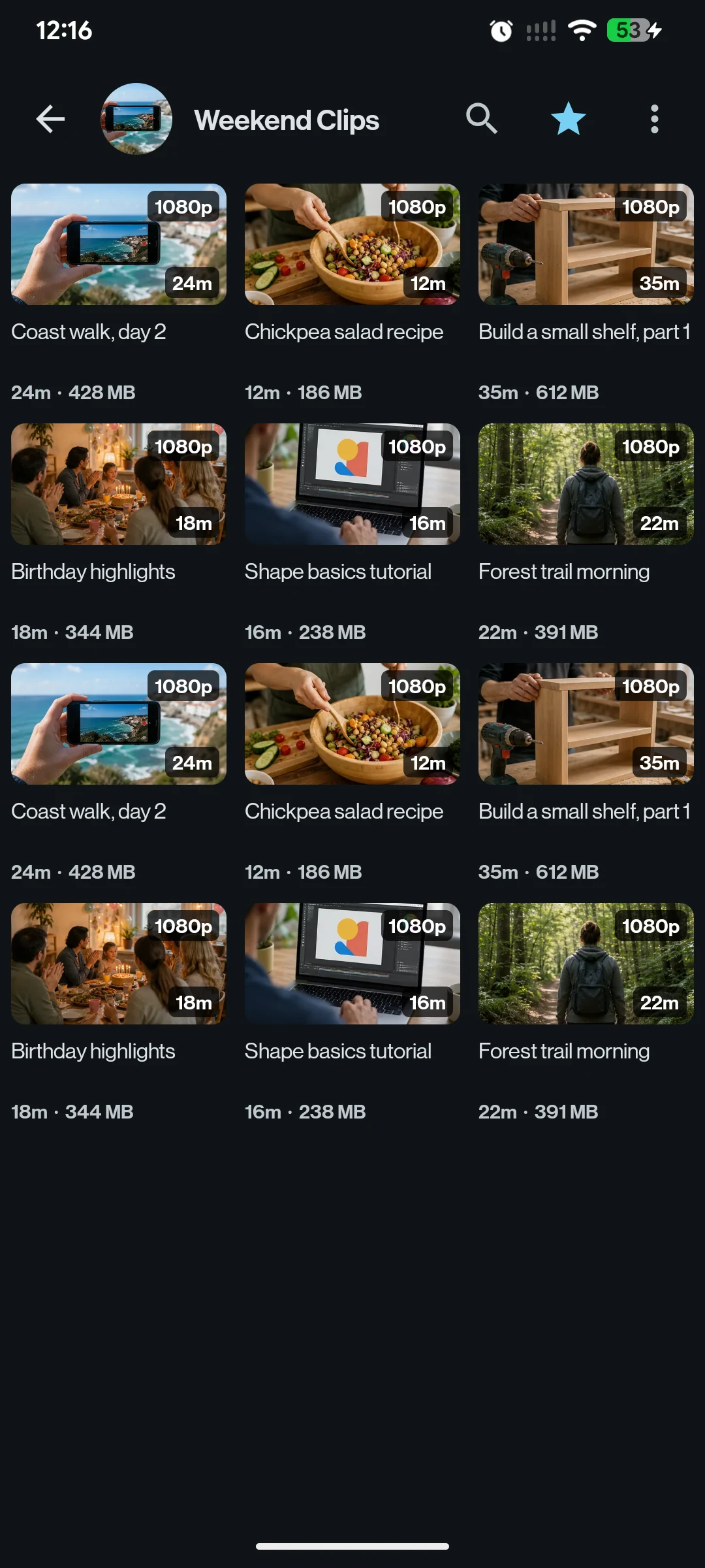 A dense grid of demo videos from a Telegram chat on a phone, each tile carrying its resolution and running time.