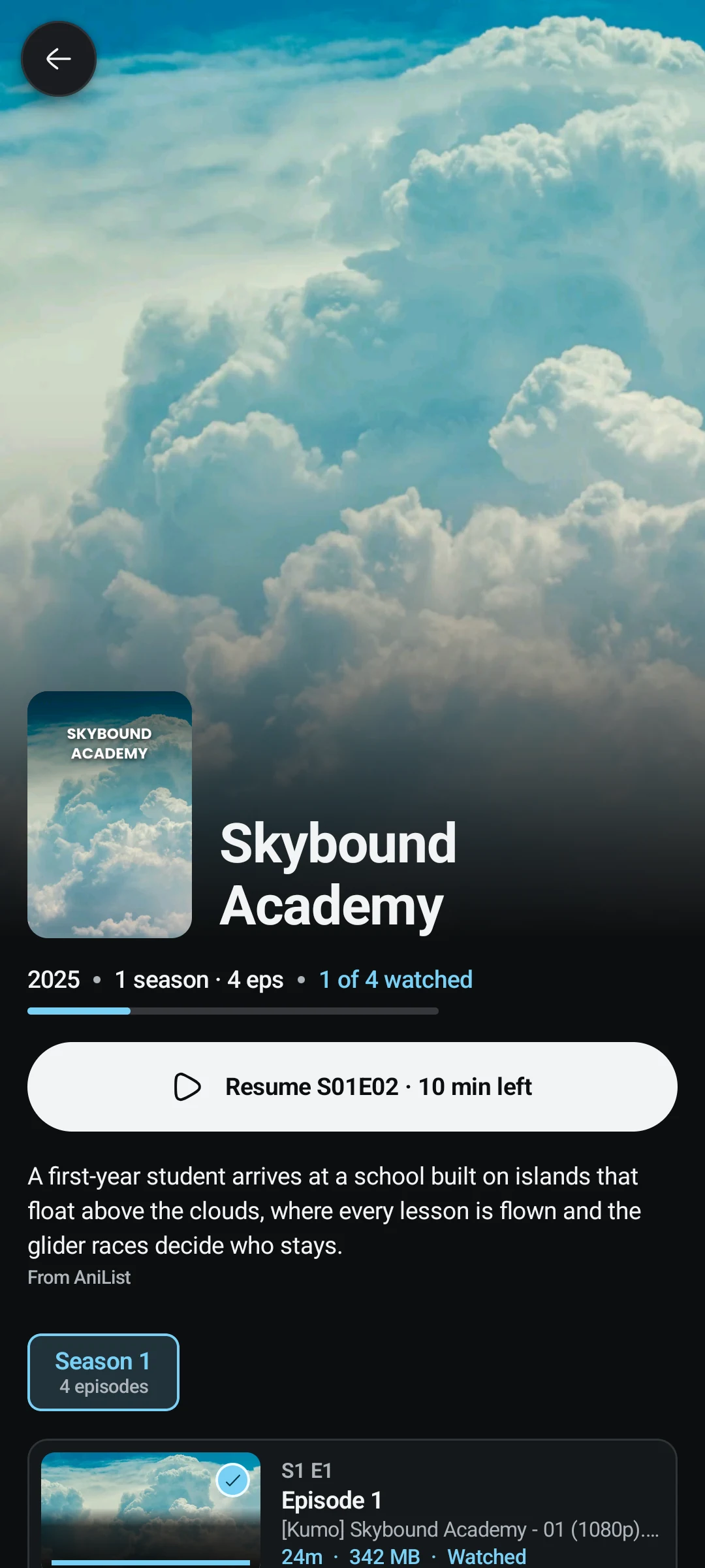 A show's page in TMPlayer on a phone: the demo series Skybound Academy with its artwork, its overview and a button to resume the second episode.