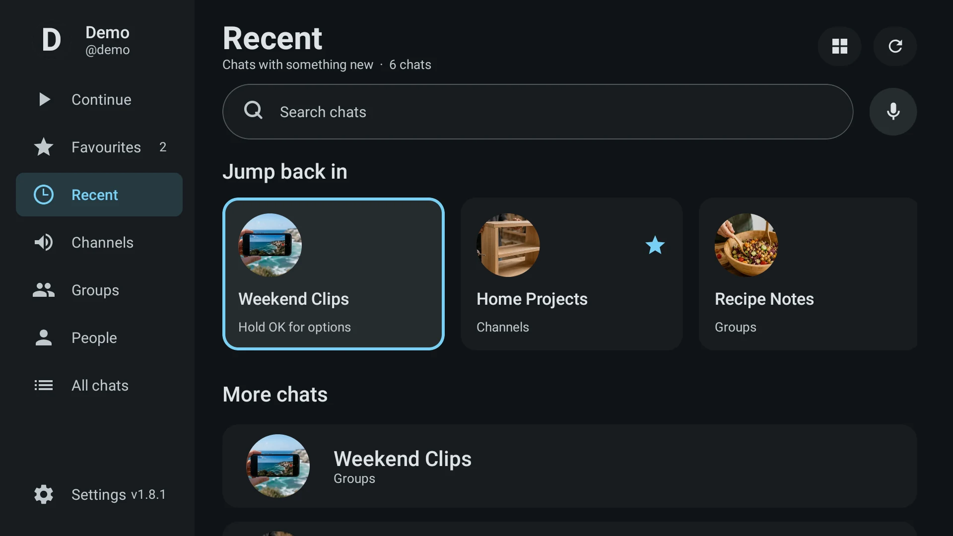 The same chat list on a television, with a navigation rail down the left for Continue, Favourites, Recent, Channels, Groups, People and All chats.