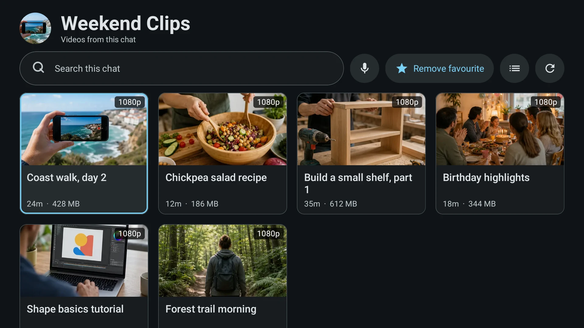 Videos from a Telegram chat shown on Android TV as a grid of tiles carrying running times and file sizes.