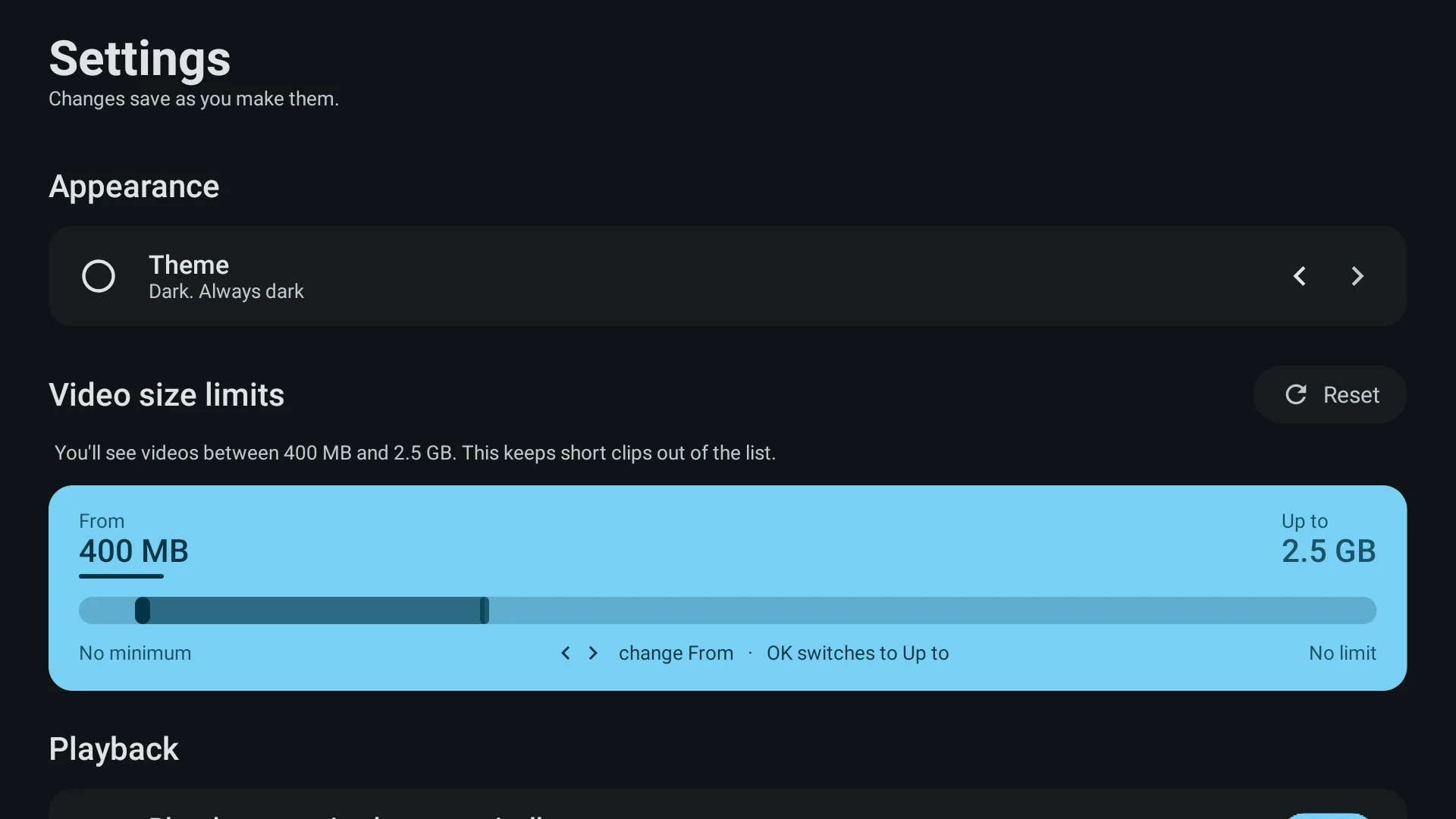 TMPlayer settings on a television, showing the video size limits, autoplay of the next episode and how much storage is free.